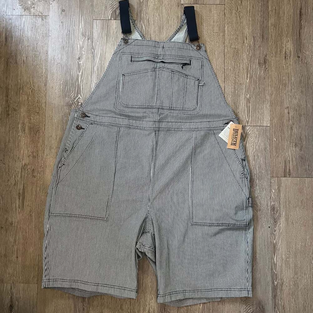 Duluth Trading Co. Striped Workshort Overalls in Light Gray with Black Straps